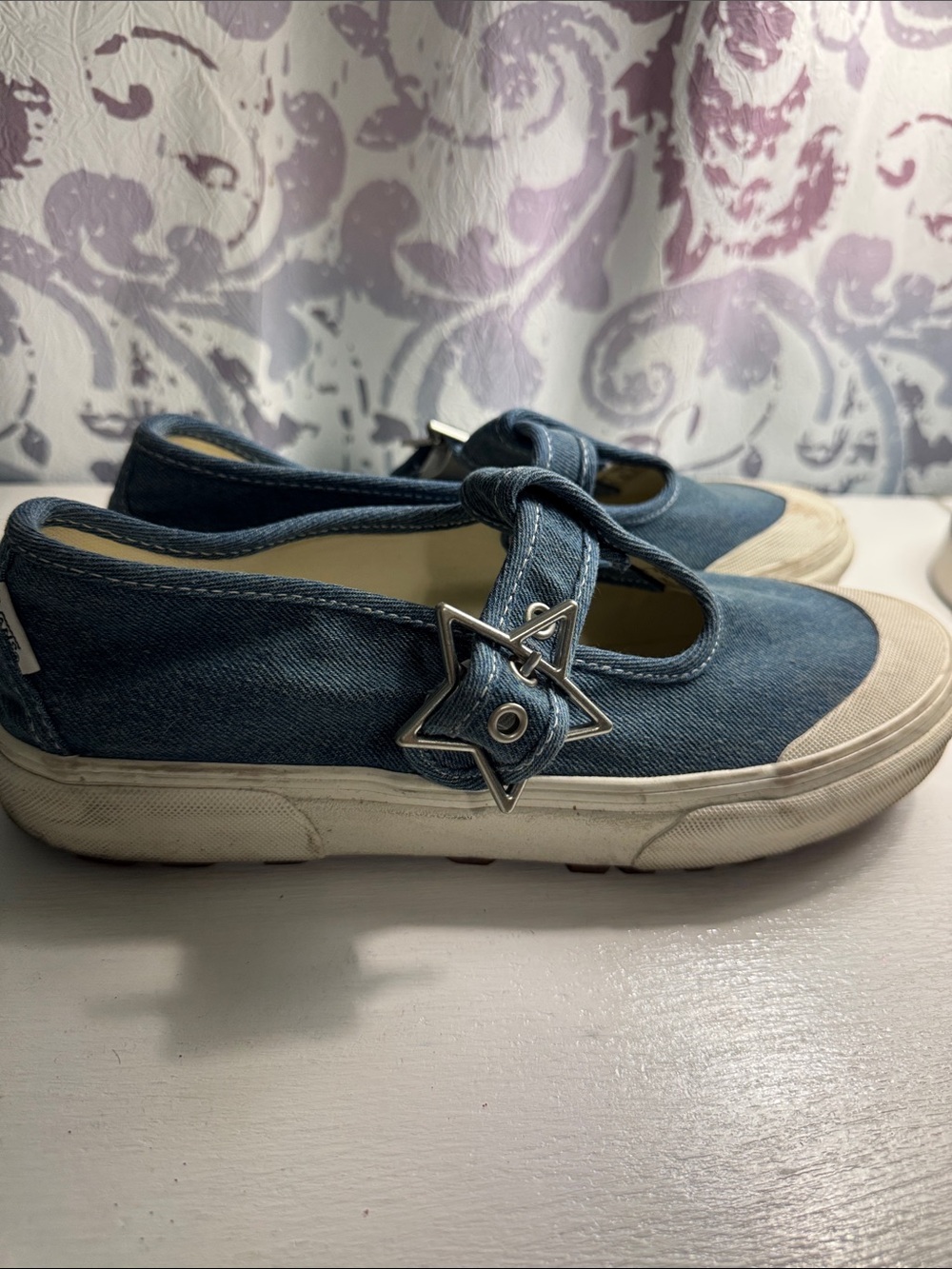 Vans Denim T-Strap Women’s Sneakers with Star Buckles - Blue and White - Picture 3 of 5
